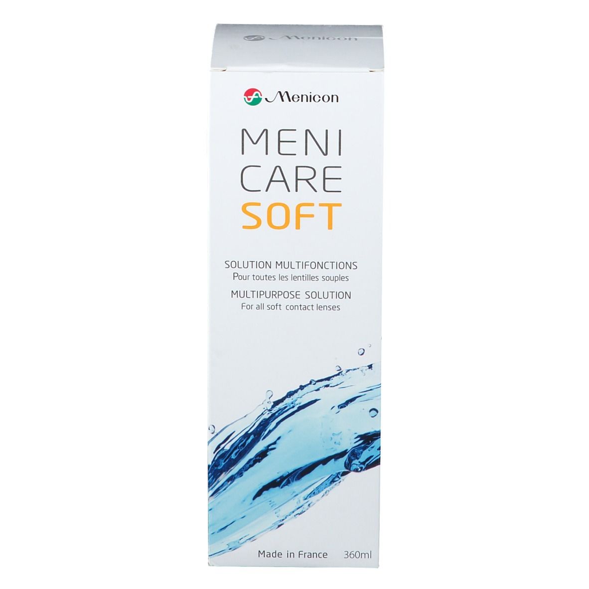 Boîte haute Menicon Meni Care Soft. Inscription: Multi-Purpose Solution. Design eau. 360ml.