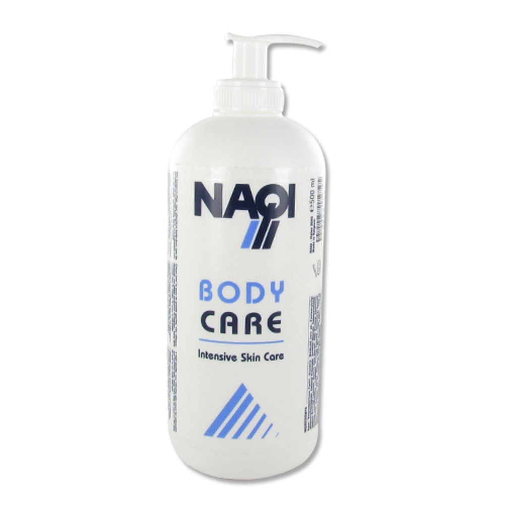 Flacon blanc avec pompe doseuse. Inscription: NAQI, BODY CARE, Intensive Skin Care. Vagues bleues et logo.