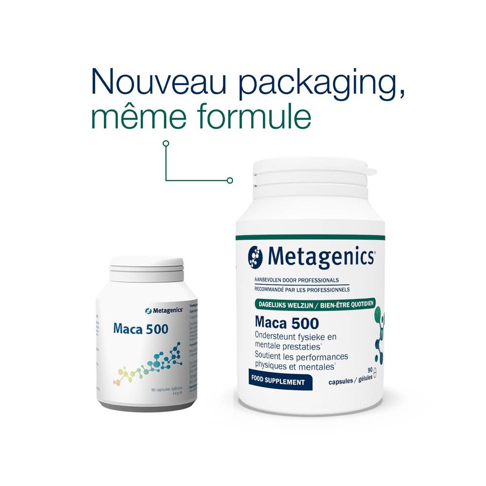 Flacon blanc, bouchon blanc. Inscription: Maca 500. 90 gélules. Marque: Metagenics.