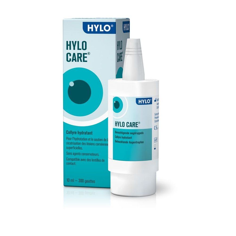 Flacon et boîte de gouttes oculaires HYLO-CARE avec symbole d'œil.