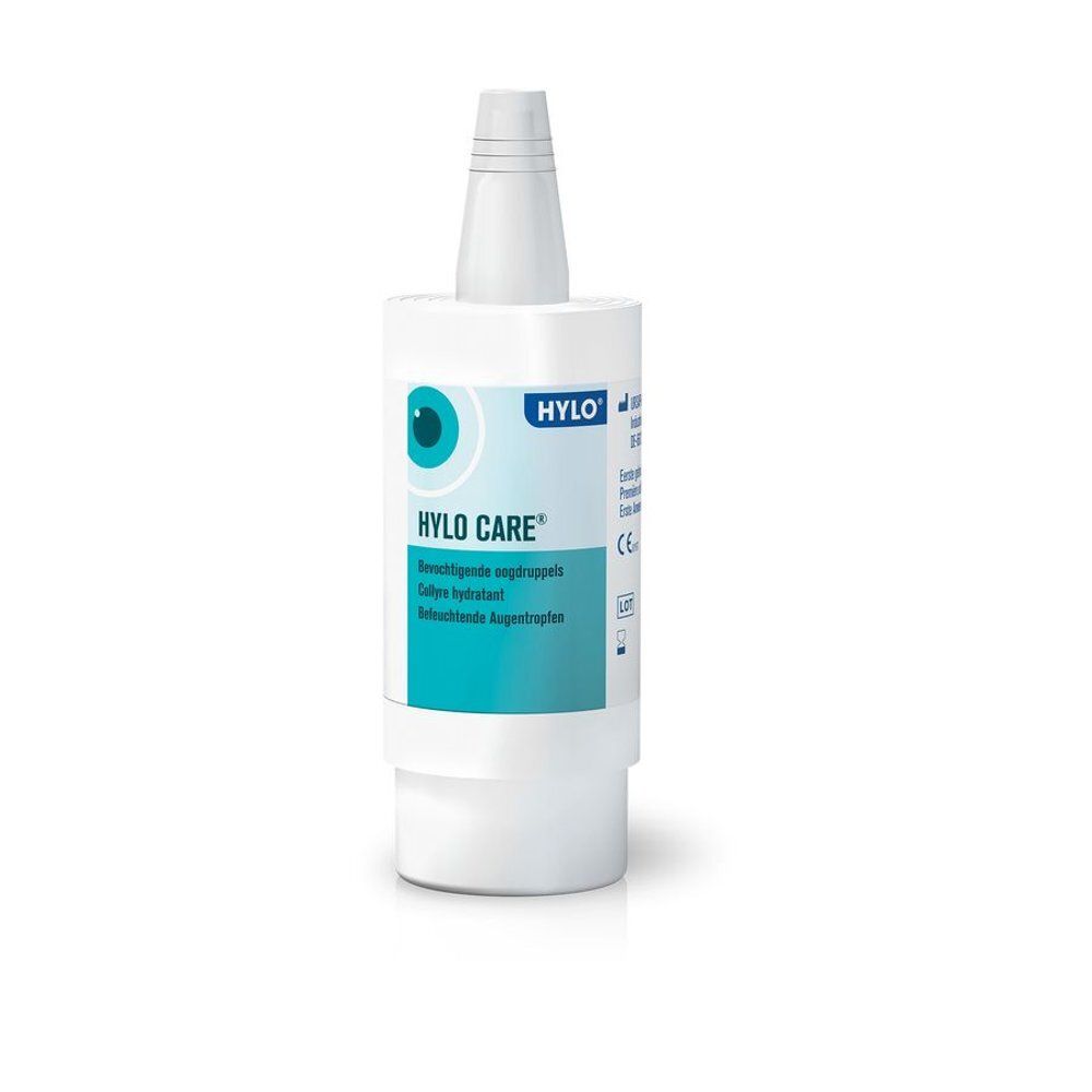 Boîte de gouttes oculaires HYLO-CARE avec symbole d'œil et informations produit.