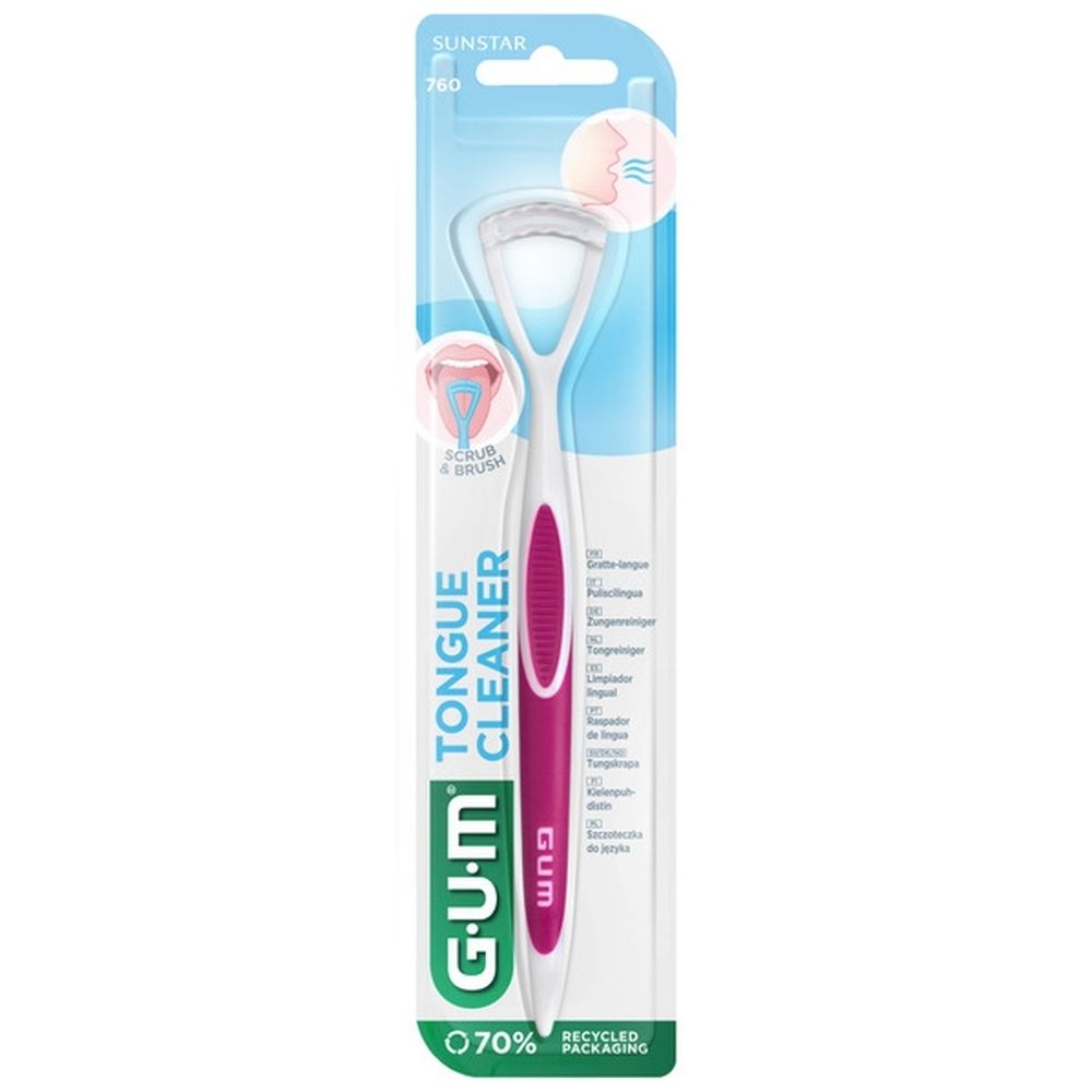 Nettoyeur de langue G.U.M Tongue Cleaner, emballé. Lame blanche, manche rose.