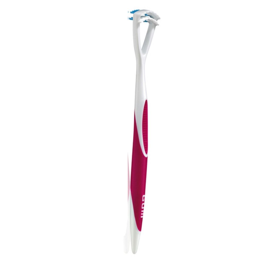 Nettoyeur de langue G.U.M Tongue Cleaner. Lame blanche, manche rose.