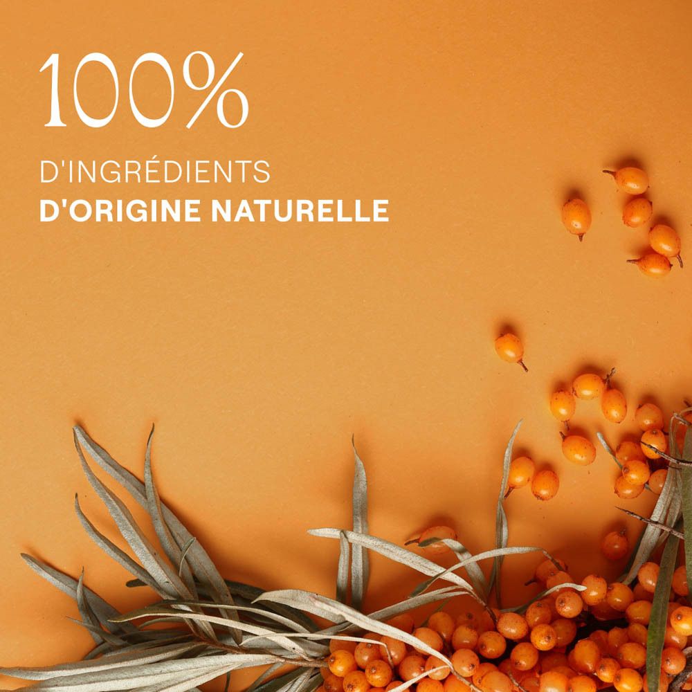 Texte sur fond orange: Vitaliserende Grapefruit en zoete mandarijn... Met organische duindoornolie.