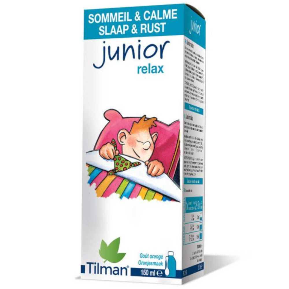 Boîte "junior relax" avec enfant dormant. Logo "Tilman" en bas. Inscription "Sommeil & Calme".