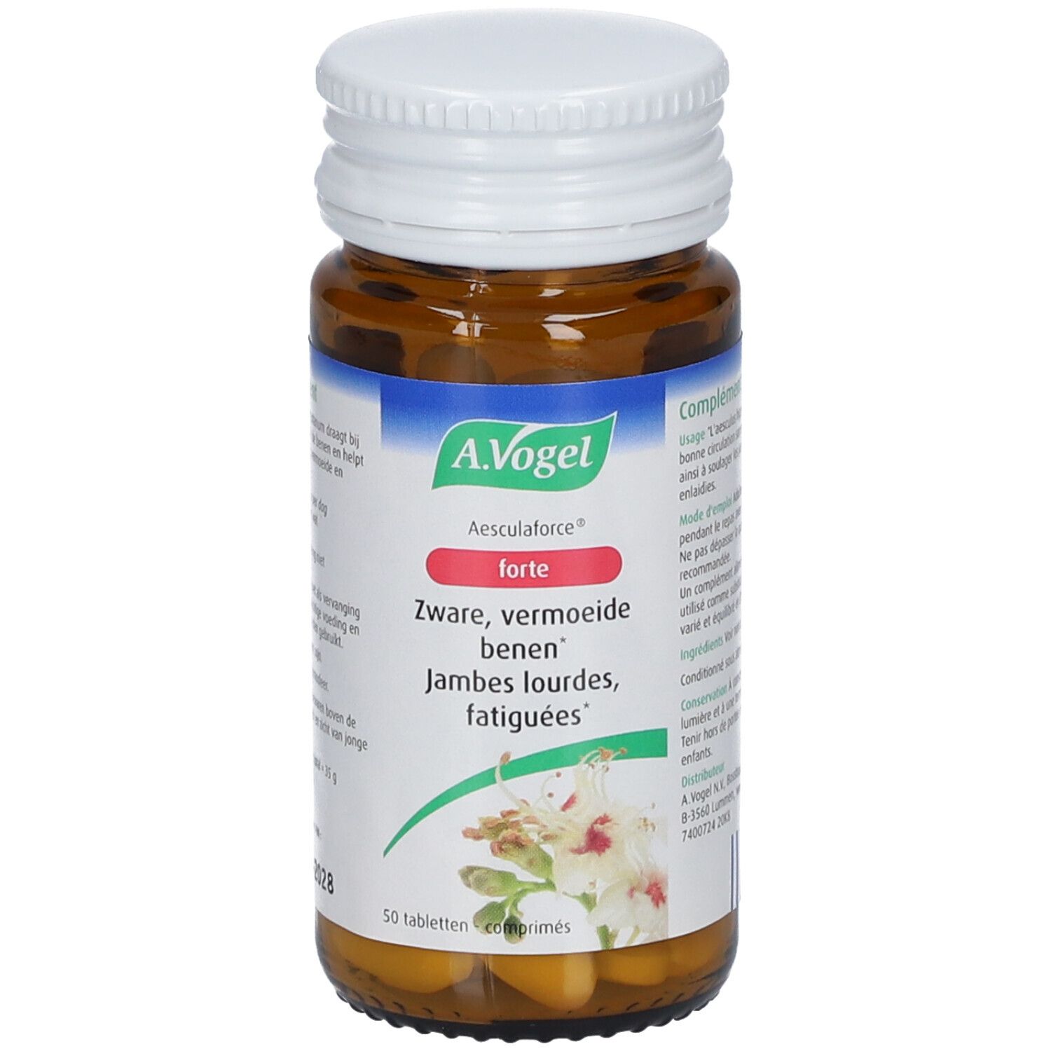 Flacon en verre brun avec bouchon blanc. Étiquette avec nom du produit et ingrédients. 50 comprimés.