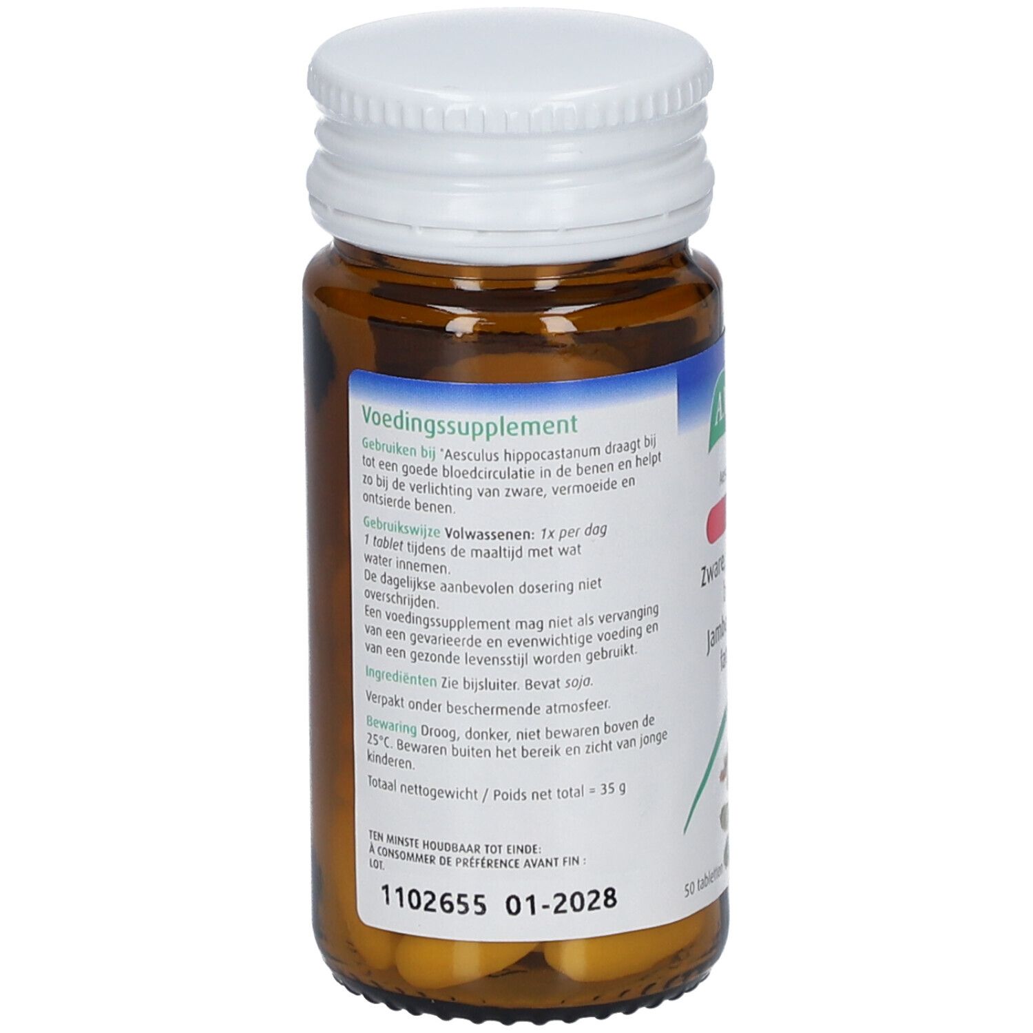 Dos du flacon en verre brun. Étiquette avec informations sur le produit, ingrédients et date de péremption.