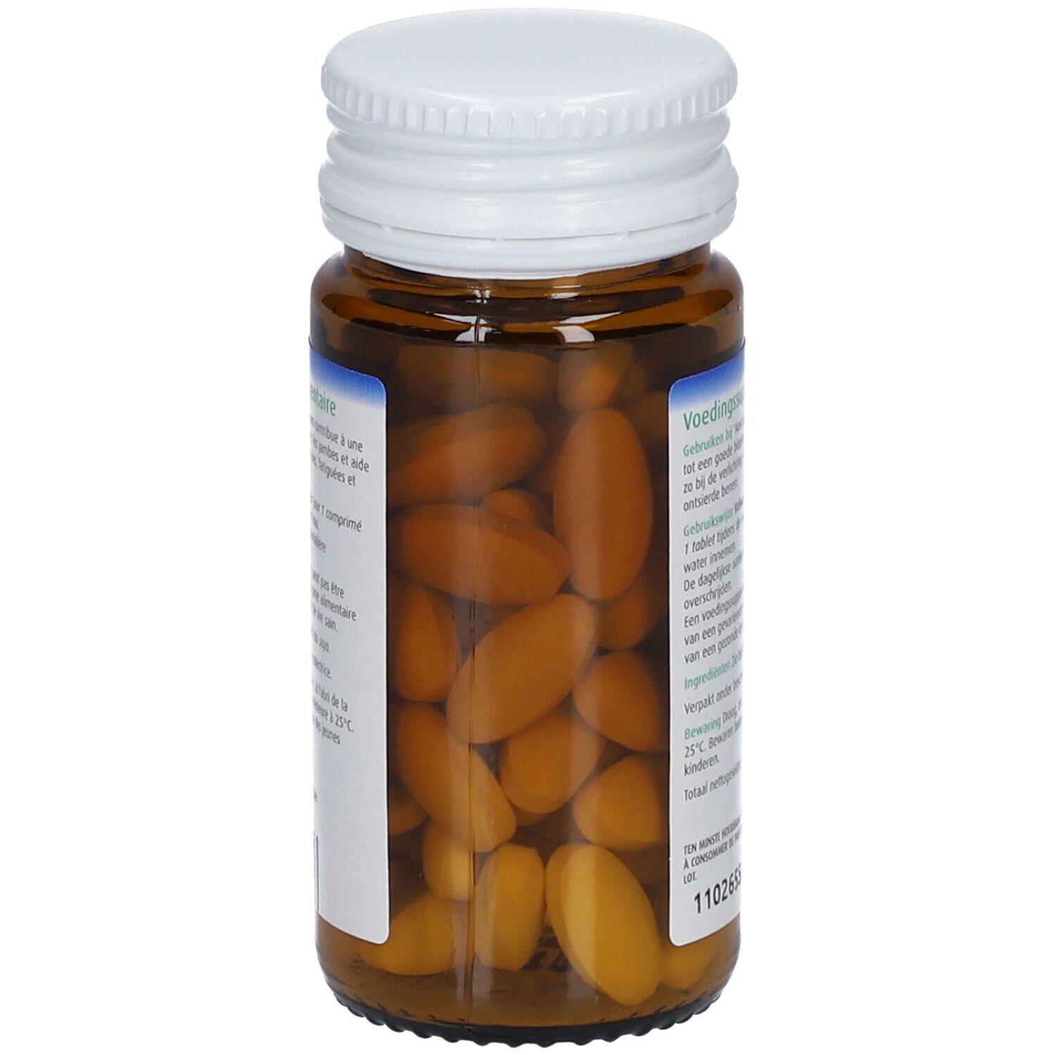 Comprimés bruns dans un flacon en verre brun avec bouchon blanc. Forme des comprimés : oblongue.