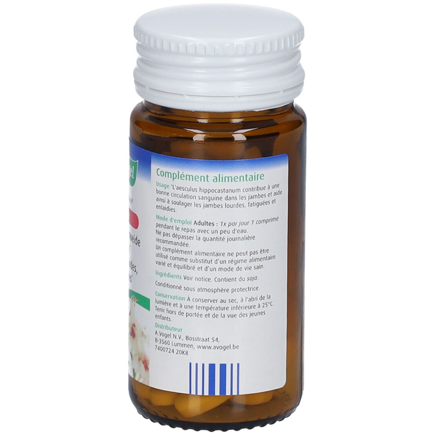 Dos du flacon en verre brun. Étiquette avec informations sur le produit, ingrédients et date de péremption.