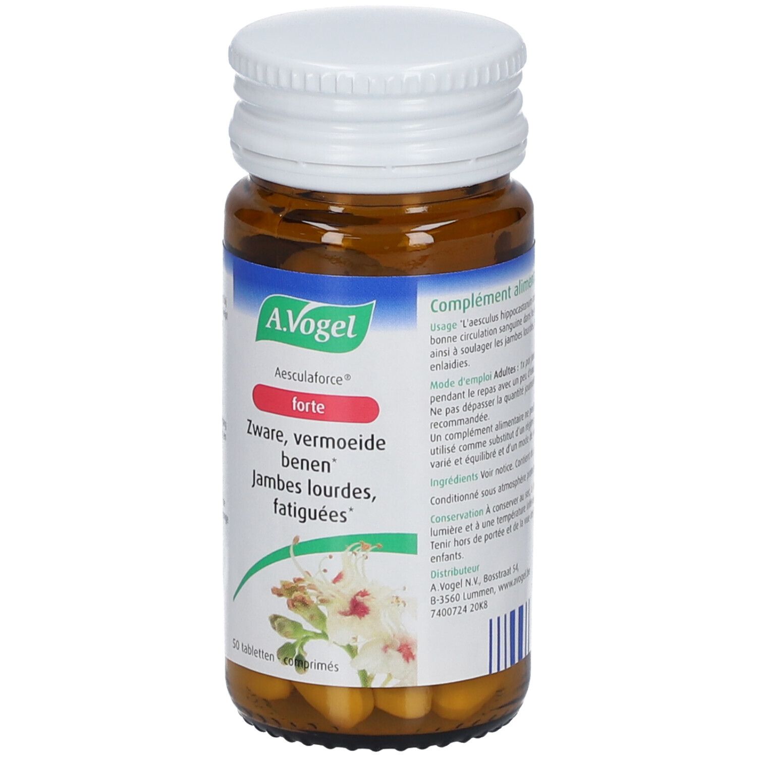 Flacon en verre brun avec bouchon blanc. Étiquette avec nom du produit et ingrédients. 50 comprimés.