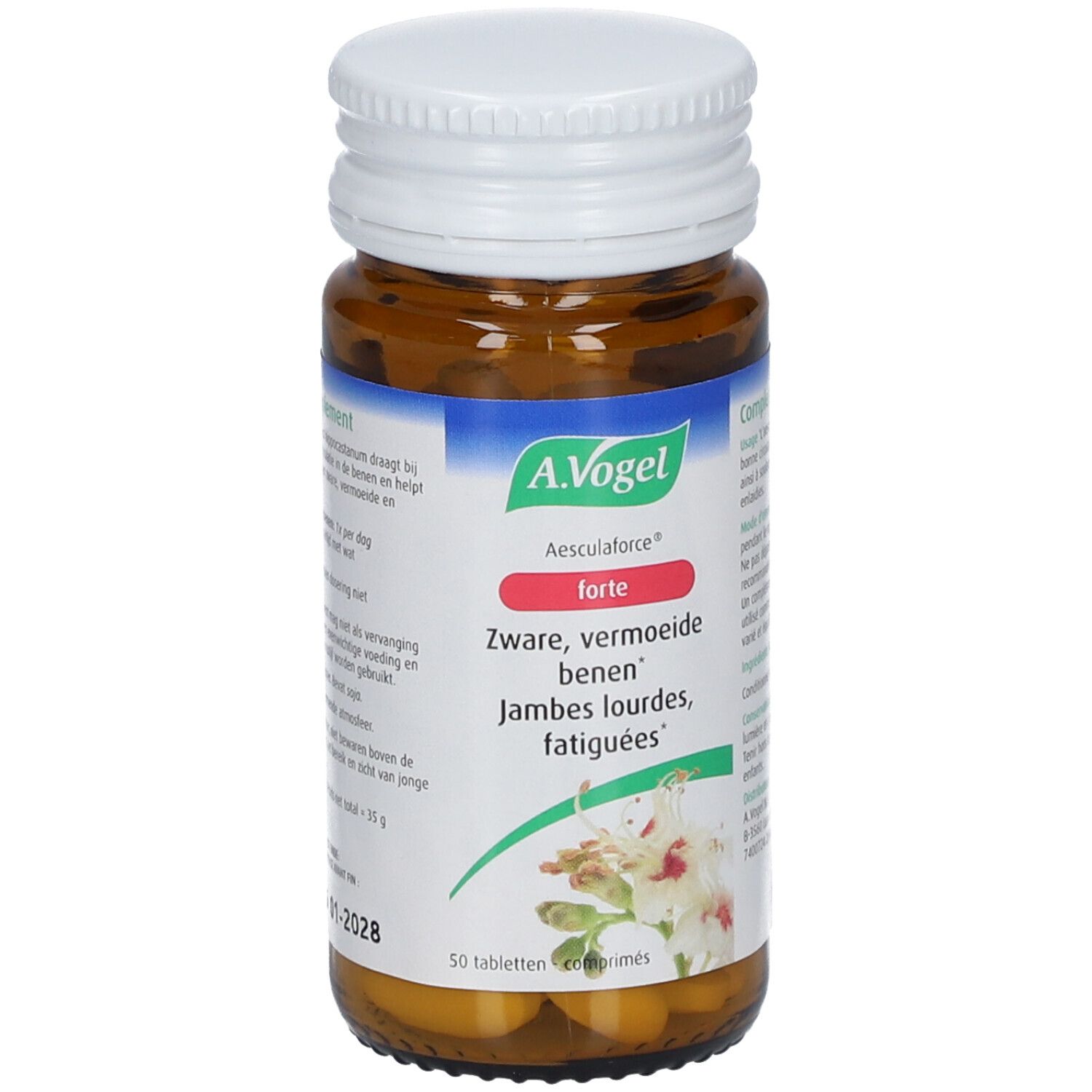 Flacon en verre brun avec bouchon blanc. Étiquette avec nom du produit et ingrédients. 50 comprimés.