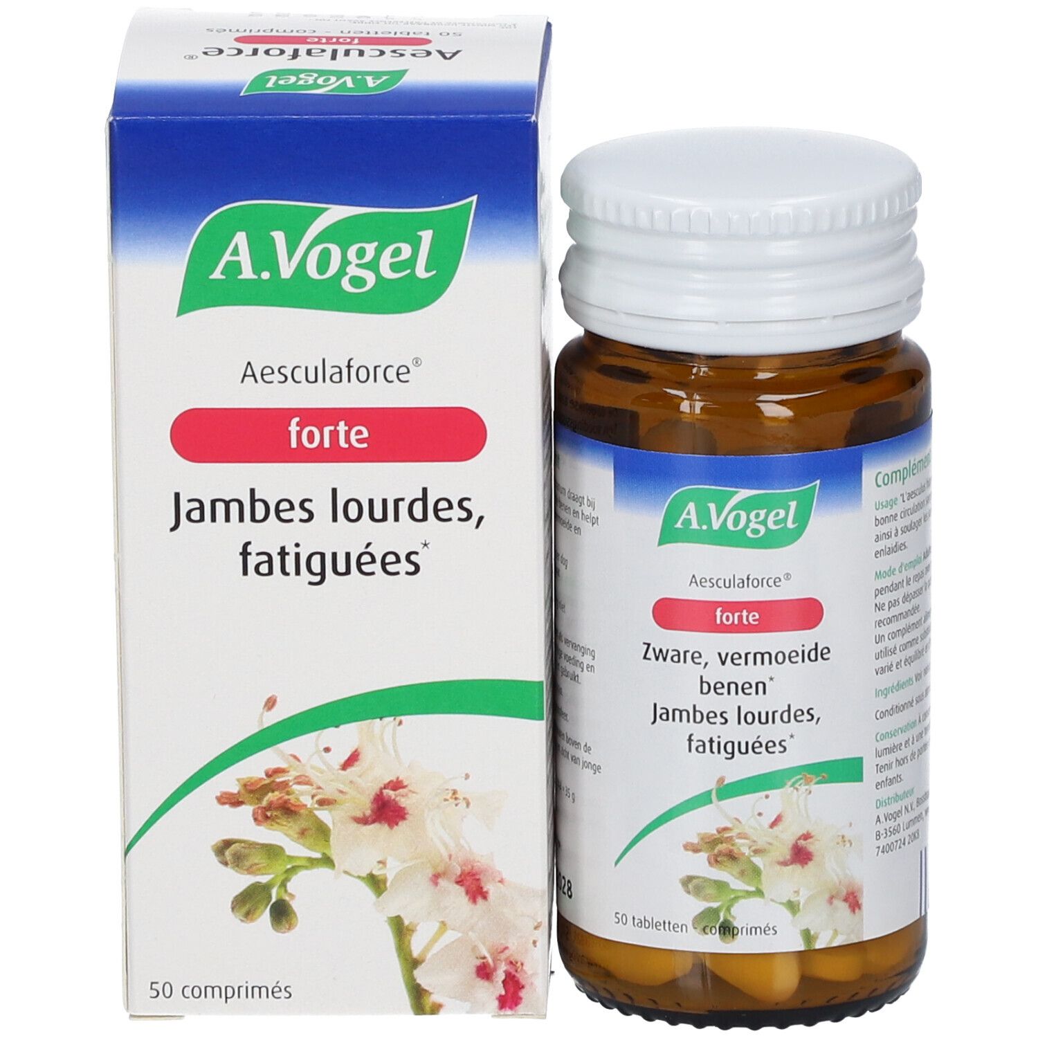 Flacon en verre brun et boîte. Boîte avec nom du produit et ingrédients. 50 comprimés.