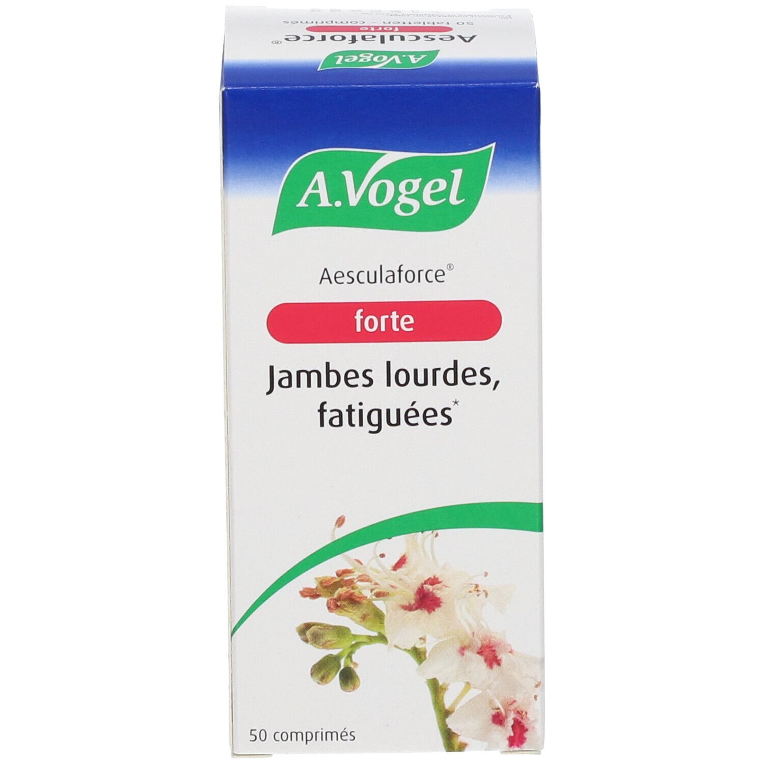 Boîte avec nom du produit et ingrédients. 50 comprimés. Fond blanc.