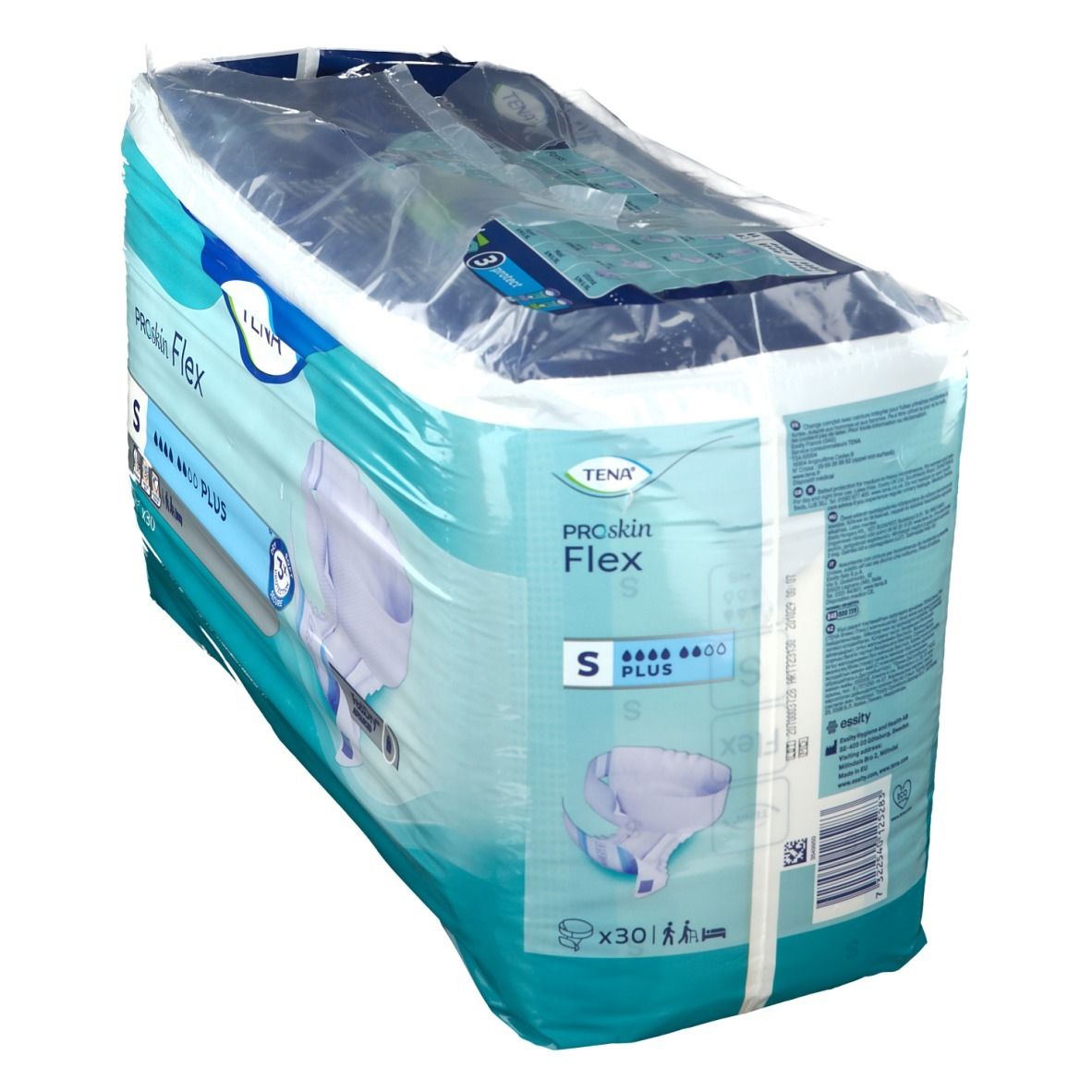 Emballage TENA ProSkin Flex S Plus. Nom du produit, taille, absorption, quantité visibles. Emballé sous film.