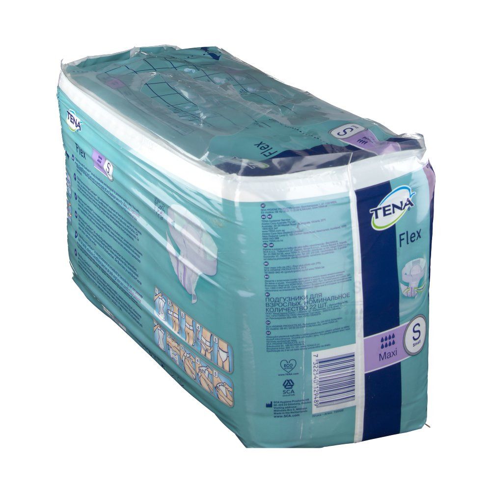 Paquet Tena Flex Maxi S. Emballage bleu et blanc, transparent. Inscription : Tena Flex, S, Maxi. Dos avec texte.