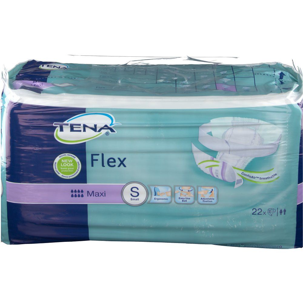 Paquet Tena Flex Maxi S. Emballage bleu et blanc, transparent. Inscription : Tena Flex, S, Maxi. 22 pièces. Logo.