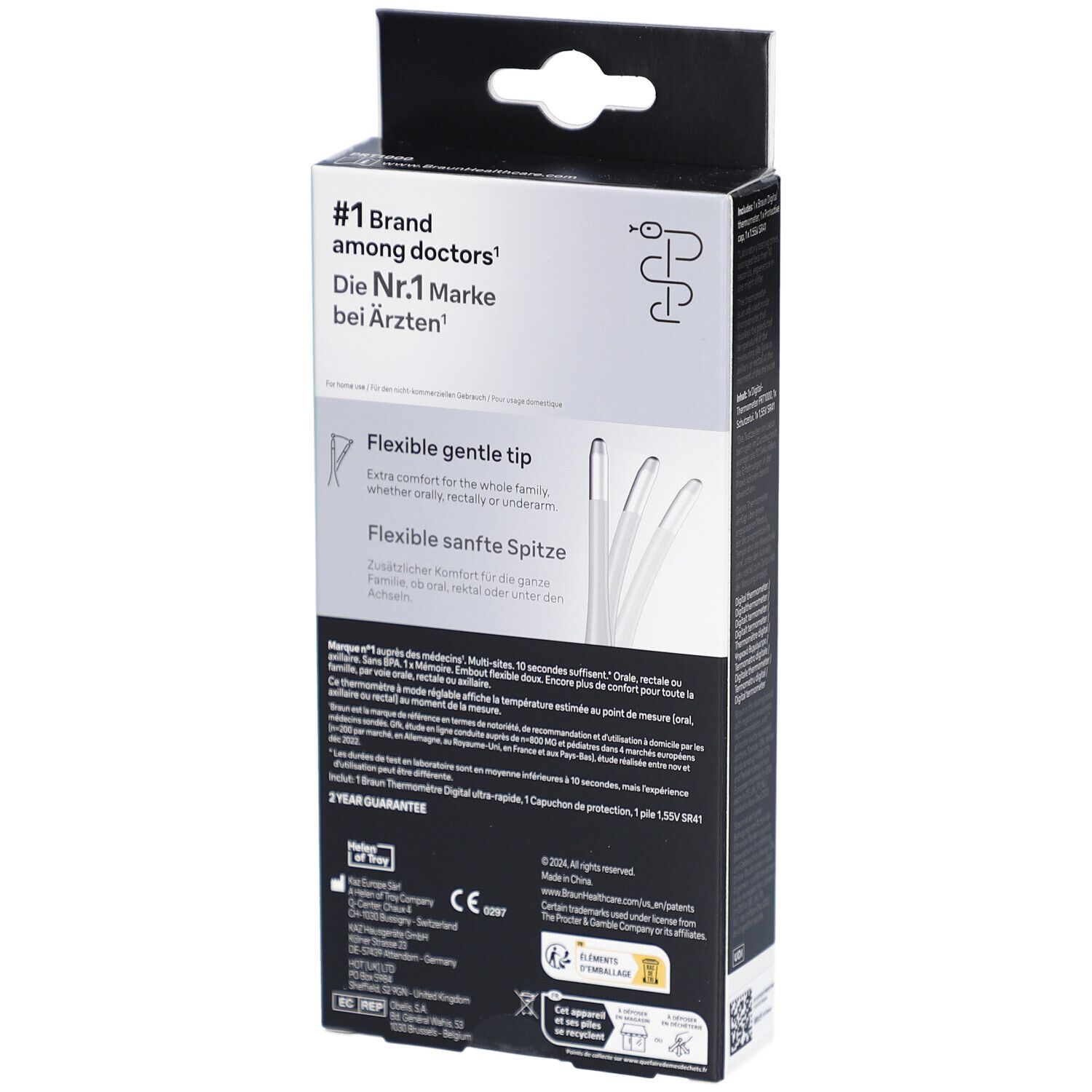 Dos de l'emballage du thermomètre numérique Braun. Texte: Embout flexible. Garantie 2 ans. Informations produit.