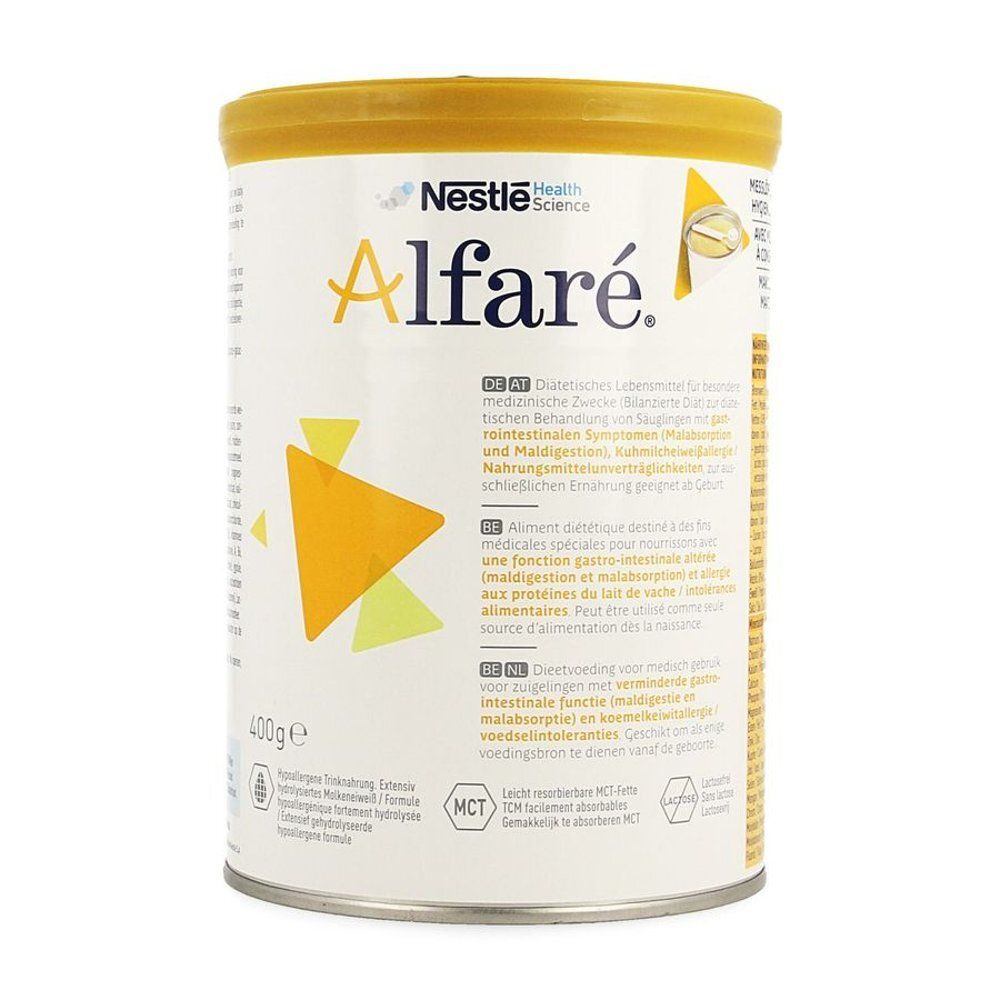 Boîte Alfaré. Inscription: Aliment diététique. 400g. Nestle Health Science. À des fins médicales. Couvercle jaune.