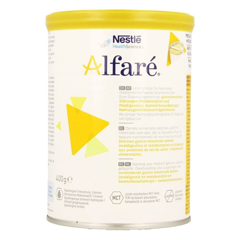Boîte Alfaré. Inscription: Aliment diététique. 400g. Nestle Health Science. À des fins médicales. Couvercle jaune.