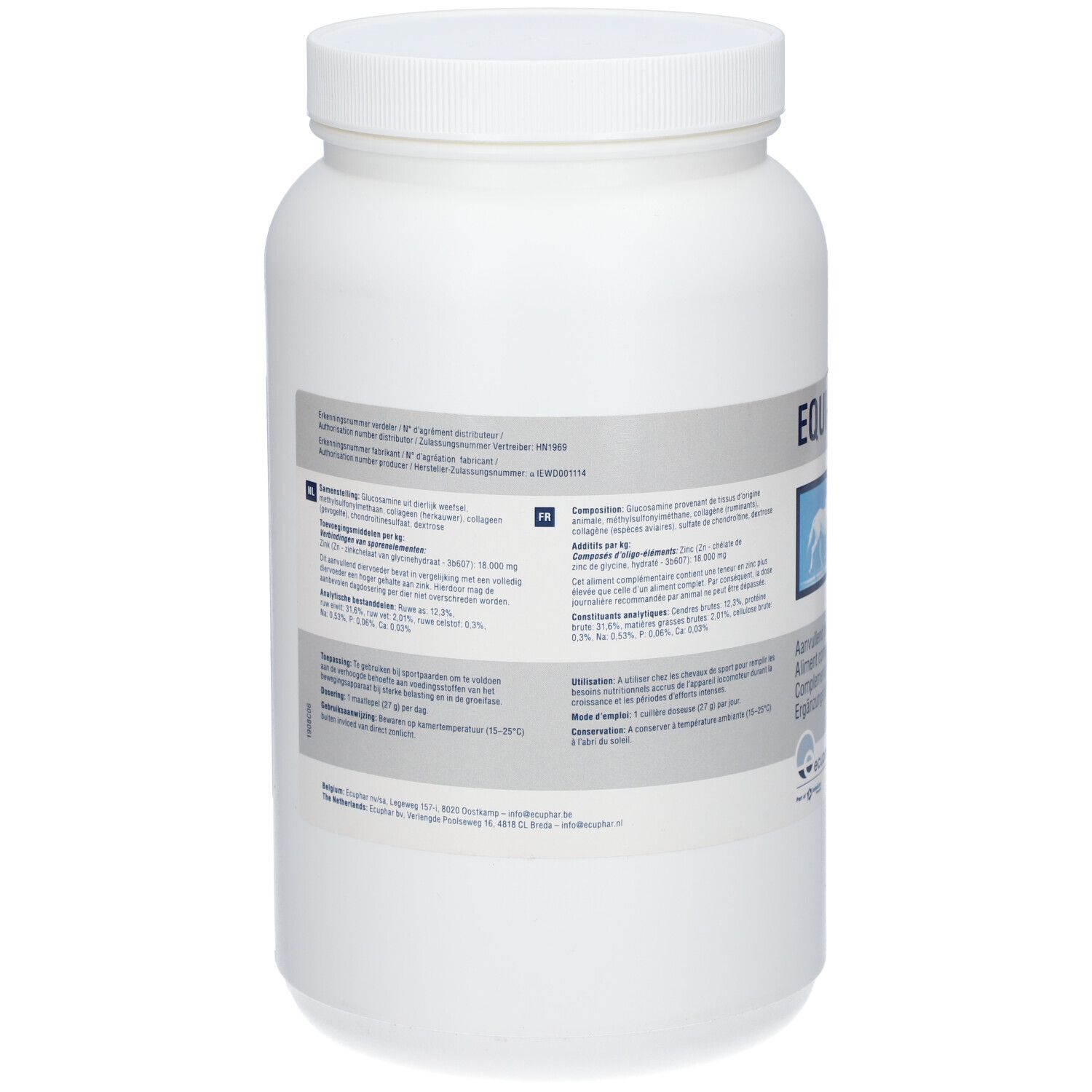 Dos du pot blanc. Texte avec ingrédients et informations. Bouchon à vis.