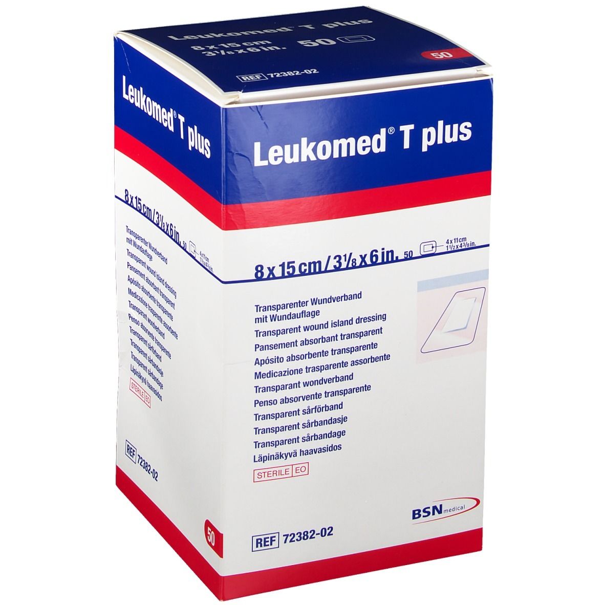 Emballage de Leukomed T plus. Inscription : 8 x 15 cm, 50 pièces. Pansement transparent. Logo BSN medical.