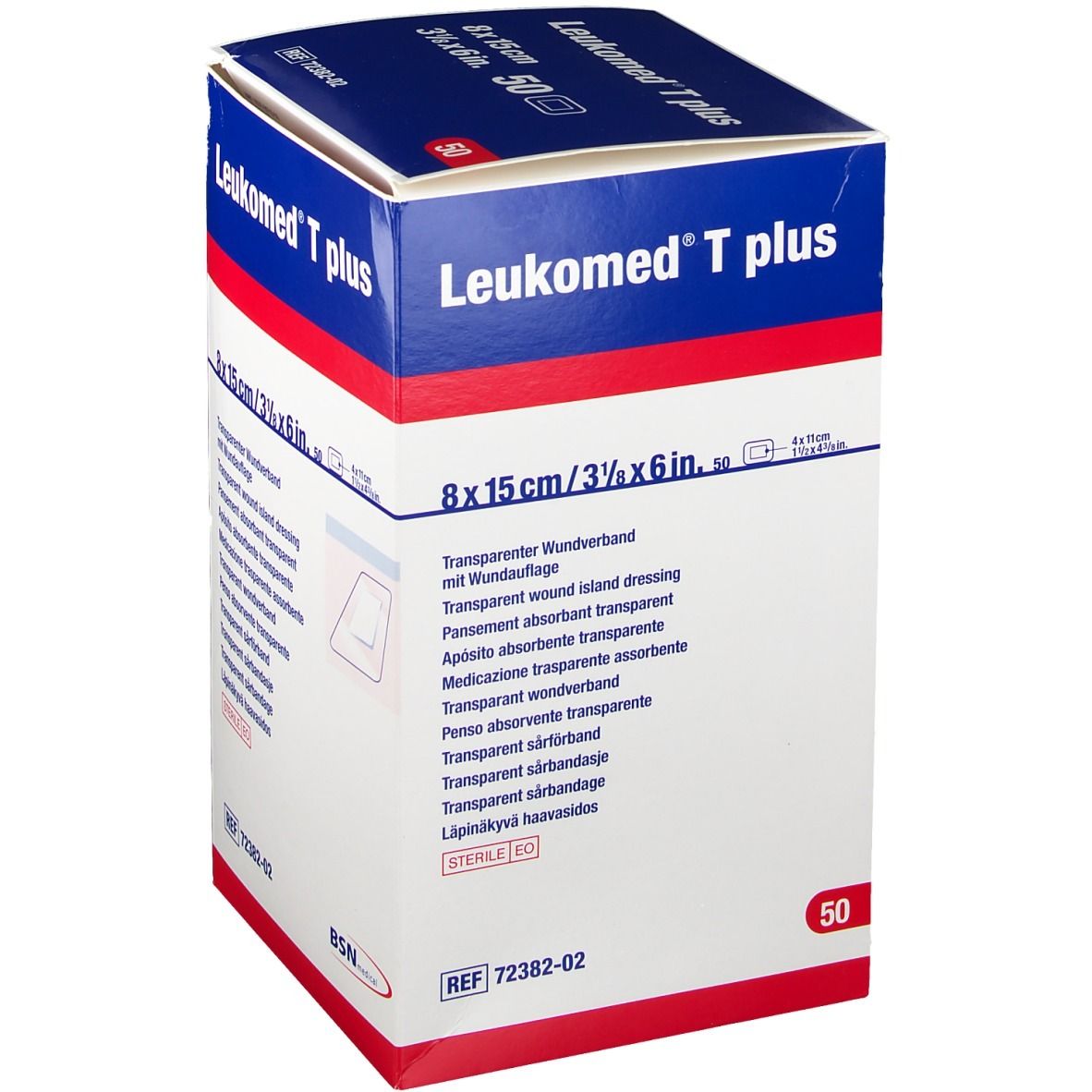 Emballage de Leukomed T plus. Inscription : 8 x 15 cm, 50 pièces. Pansement transparent. Logo BSN medical.