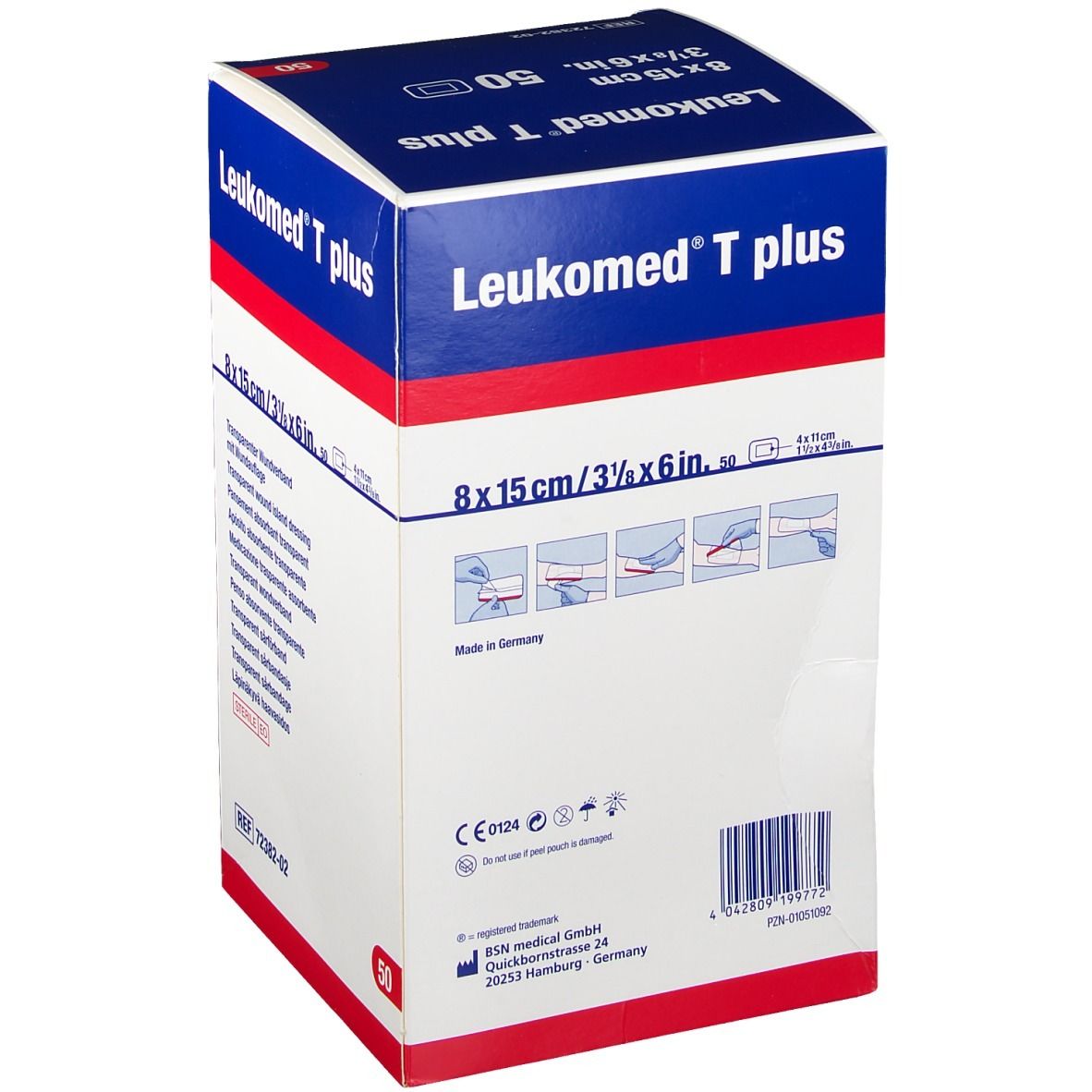 Emballage de Leukomed T plus. Inscription : 8 x 15 cm, 50 pièces. Pansement transparent. Logo BSN medical.