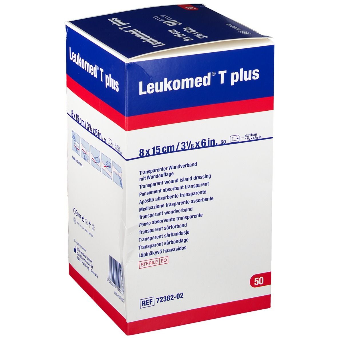 Emballage de Leukomed T plus. Inscription : 8 x 15 cm, 50 pièces. Pansement transparent. Logo BSN medical.