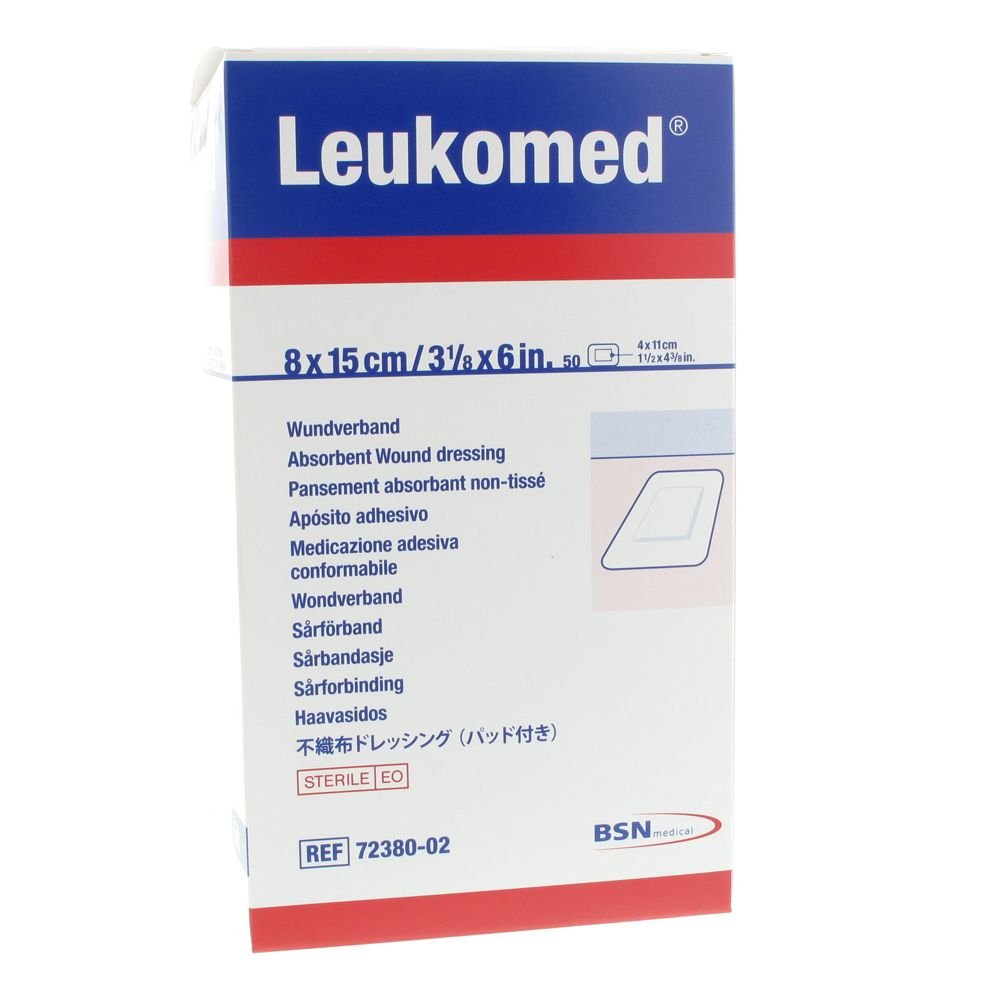 Emballage de pansement Leukomed. Dimensions 8x15 cm. Inscription : pansement, stérile EO. Logo BSN medical.