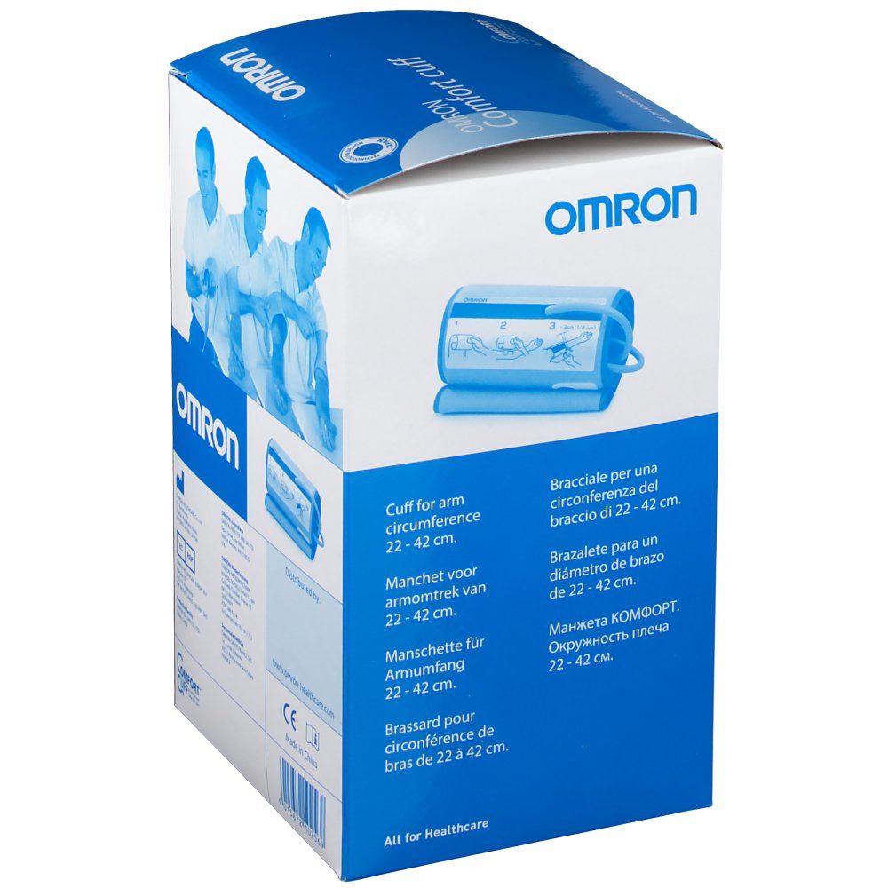 Emballage de la manchette OMRON Komfort. Boîte bleue avec image et texte. Logo OMRON et informations produit.