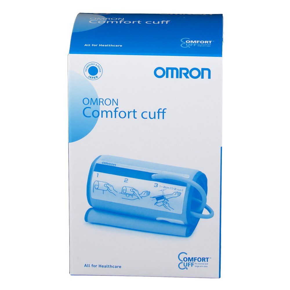 Manchette OMRON Komfort dans son emballage. Manchette bleue, circonférence de bras 22-42 cm. Logo OMRON et nom du produit visibles.