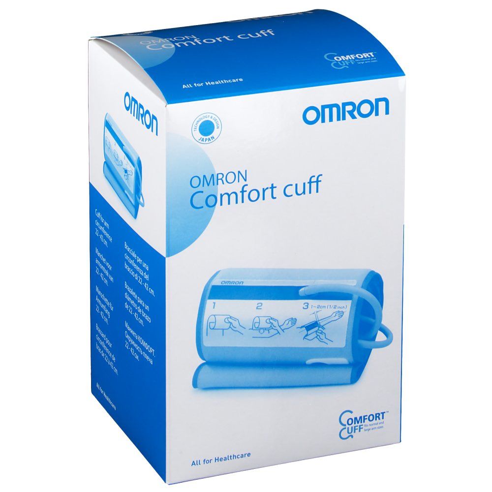 Manchette OMRON Komfort dans son emballage. Manchette bleue, circonférence de bras 22-42 cm. Logo OMRON et nom du produit visibles.
