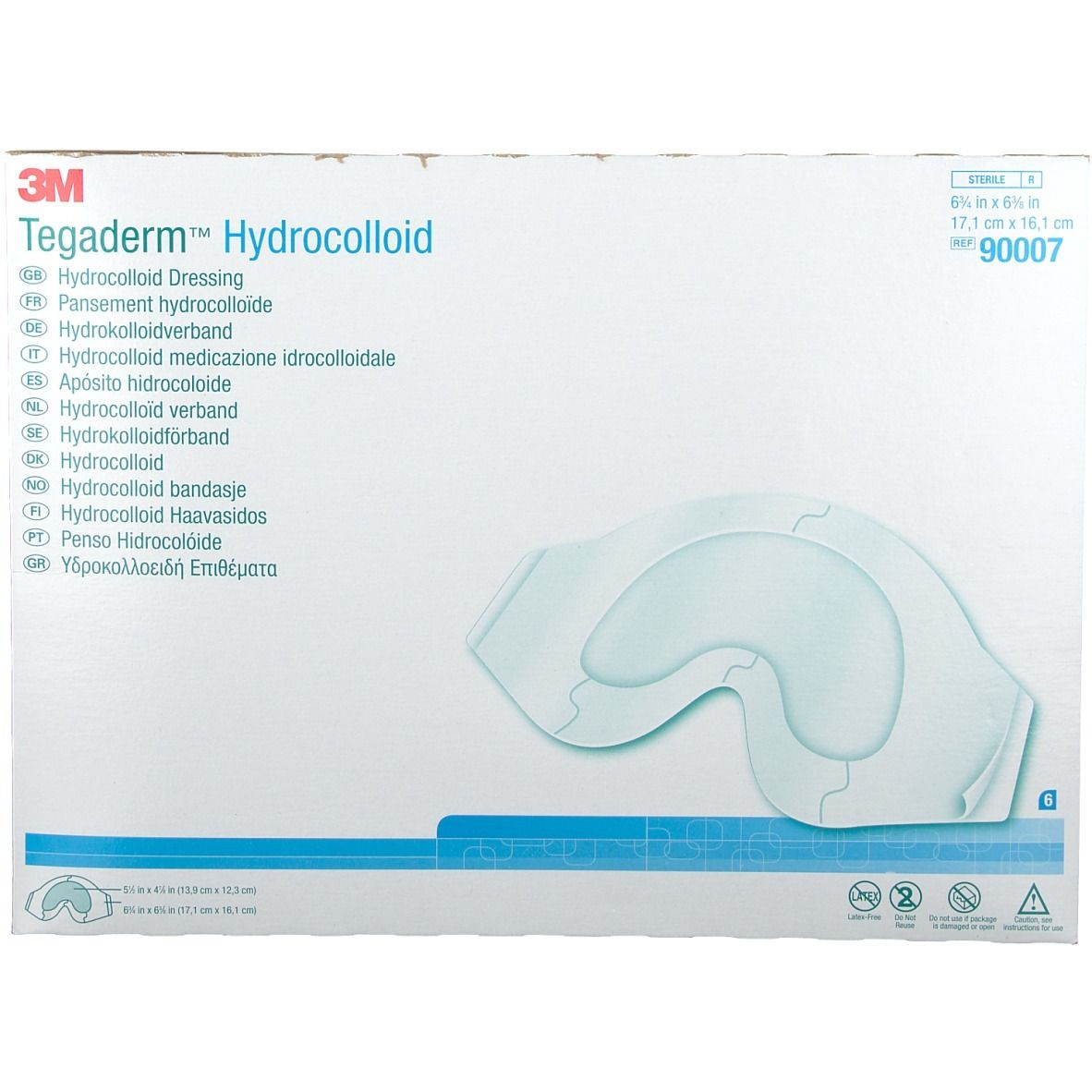 Emballage de pansements hydrocolloïdes 3M Tegaderm. Dimensions : 17,1 cm x 16,1 cm. Contient 4 pansements.