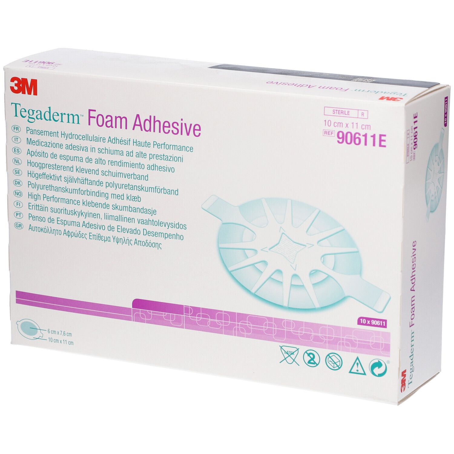 Boîte de 3M Tegaderm Foam Adhesive. Contient 10 pièces. Dimensions : 10 cm x 11 cm. Nom du produit et marque visibles.
