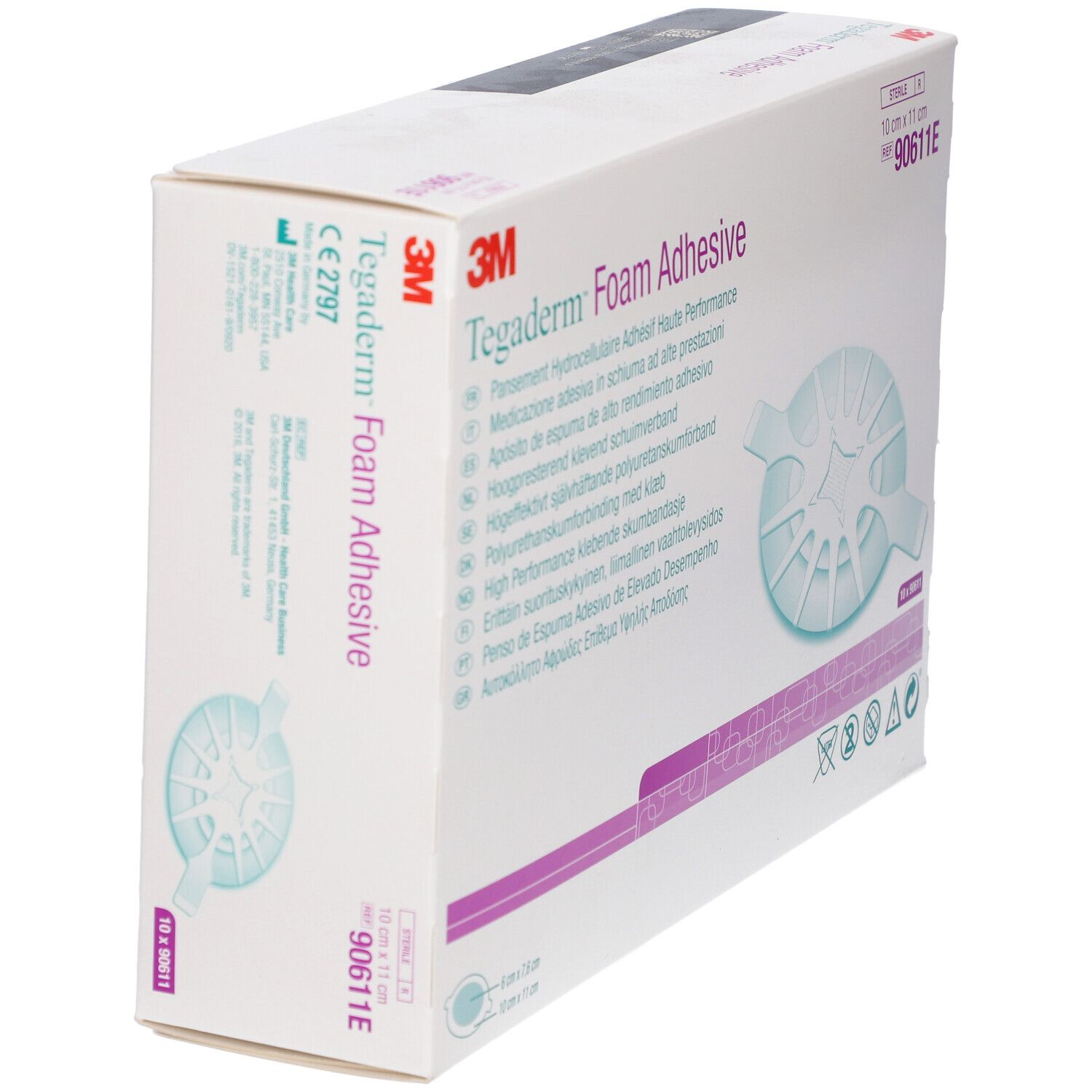 Boîte de 3M Tegaderm Foam Adhesive. Dimensions : 10 cm x 11 cm. Nom du produit et marque visibles. Contient 10 pièces.