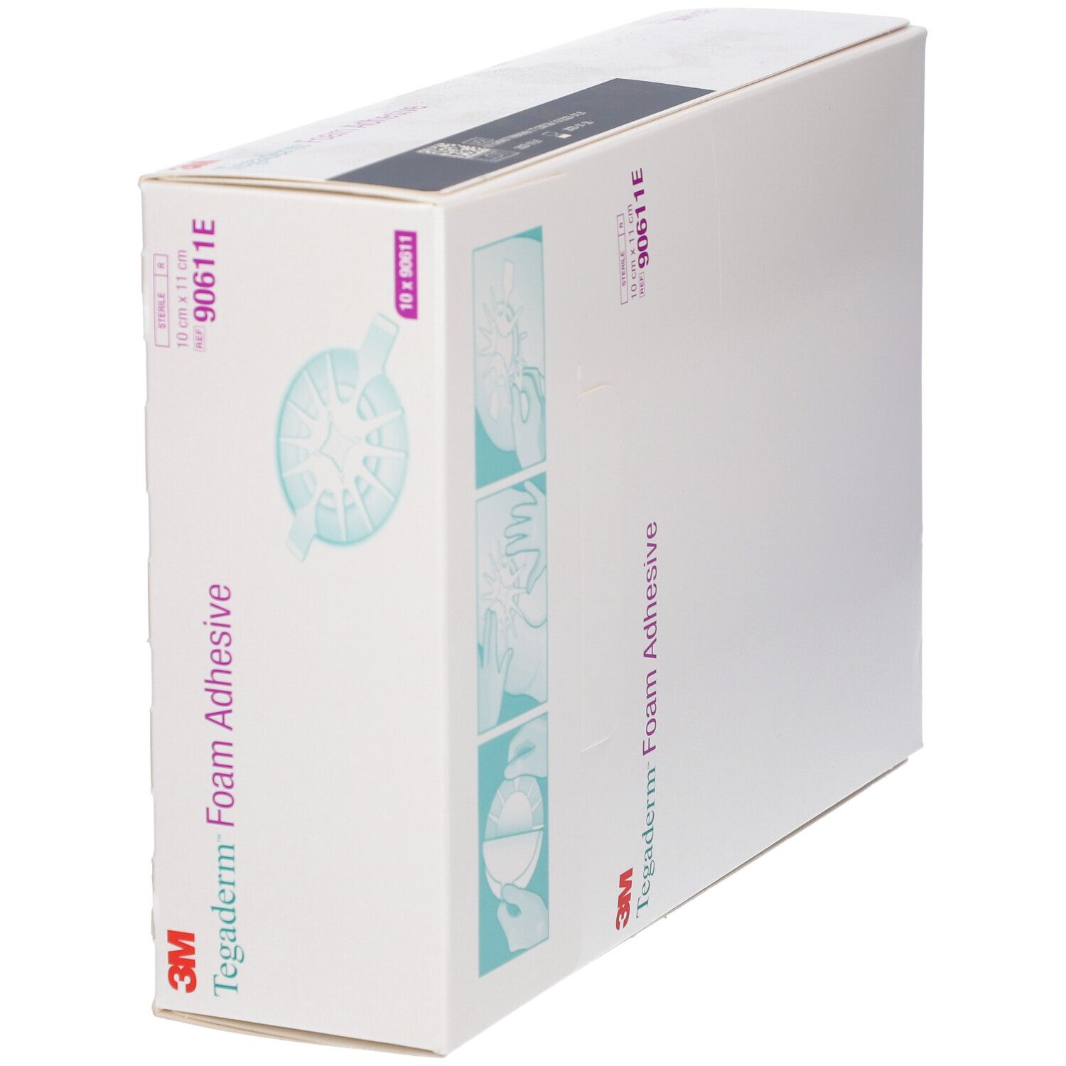 Boîte de 3M Tegaderm Foam Adhesive. Dimensions : 10 cm x 11 cm. Nom du produit et marque visibles. Contient 10 pièces.