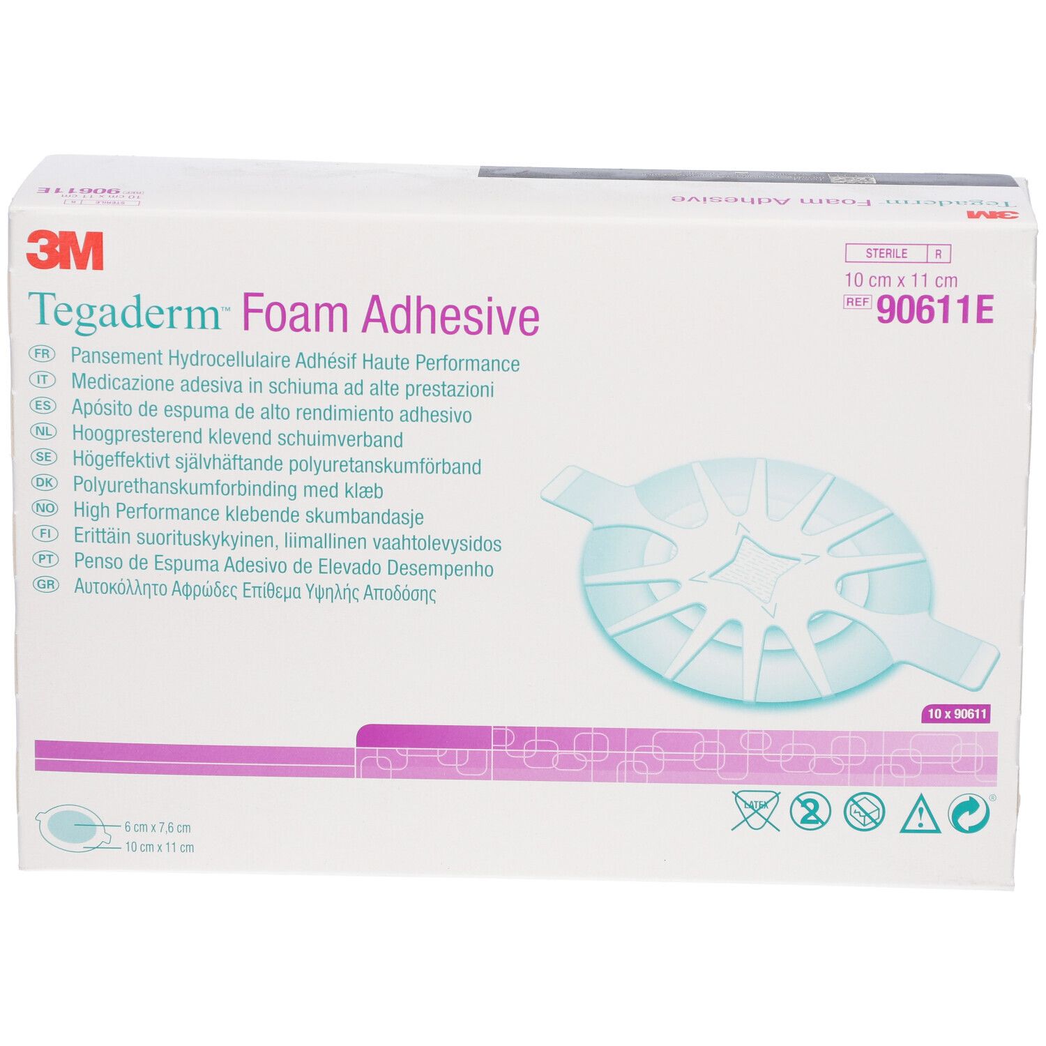 Boîte de 3M Tegaderm Foam Adhesive. Dimensions : 10 cm x 11 cm. Nom du produit et marque visibles. Contient 10 pièces.