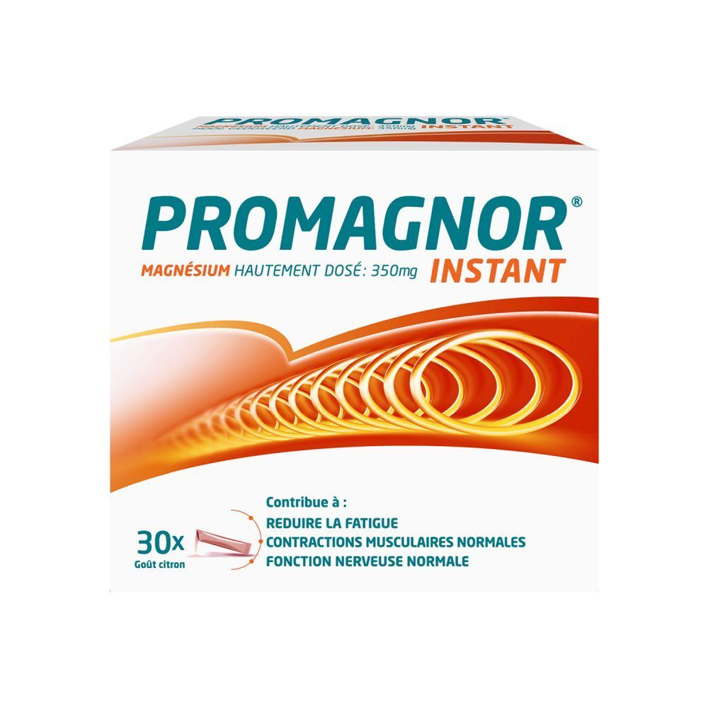 Boîte de PROMAGNOR Instant Zitrone. Contient 30 sachets. Inscription : Magnésium 350mg Instant.