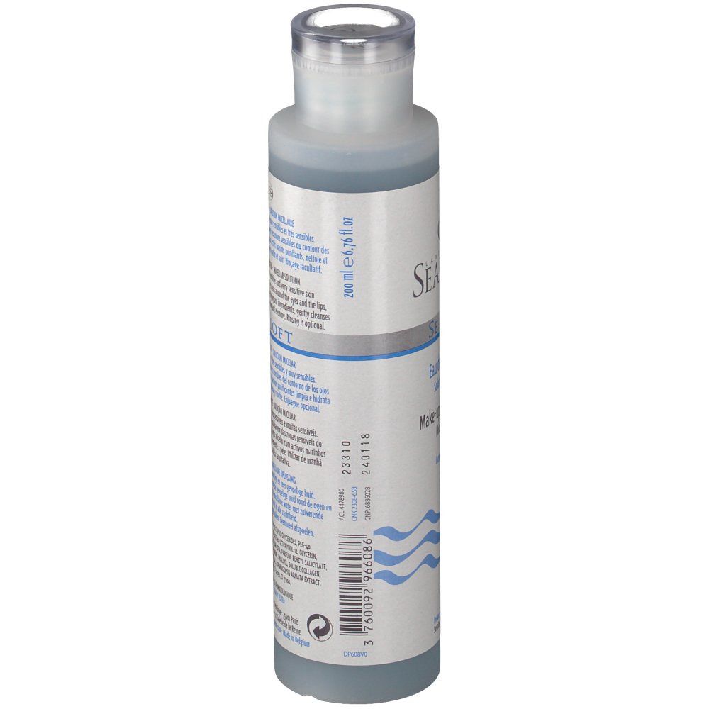 Flacon cylindrique, liquide bleu. Inscription: Seaderm Seasoft. Volume: 200 ml. Bouchon transparent.