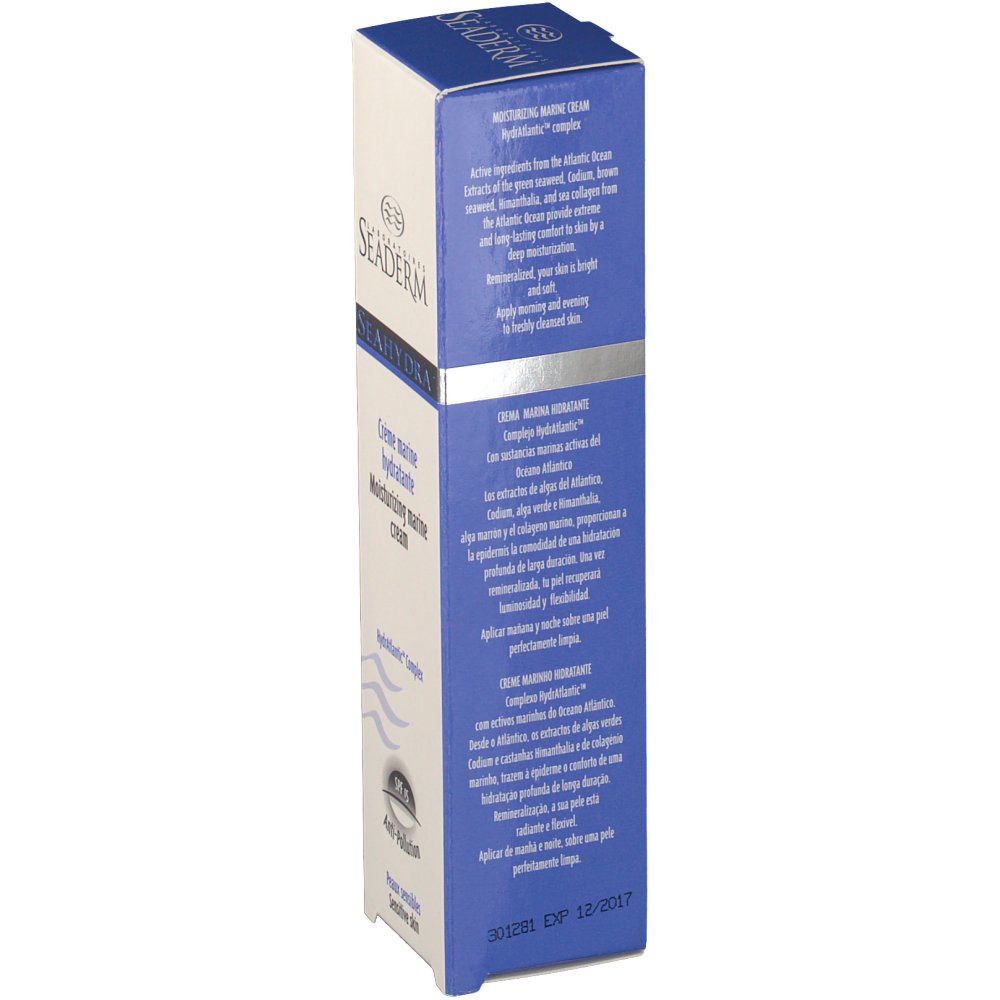 Emballage en carton avec informations sur le produit. Texte : Active ingredients from the Atlantic Ocean. Couleurs bleu et blanc. Vue détaillée.