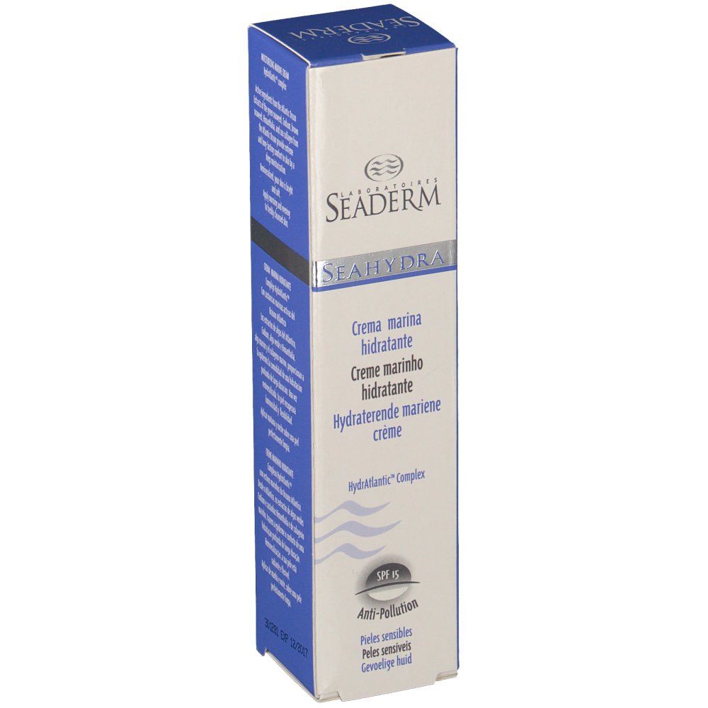 Emballage en carton avec nom et logo du produit. Texte : Crème marine hydratante, Creme marinho hidratante. Couleurs bleu et blanc.