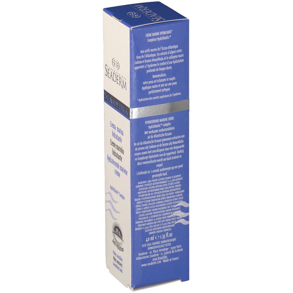 Emballage en carton avec informations sur le produit. Texte : Hydratante marine crème, Hydratante marine creme. Couleurs bleu et blanc. Vue détaillée.