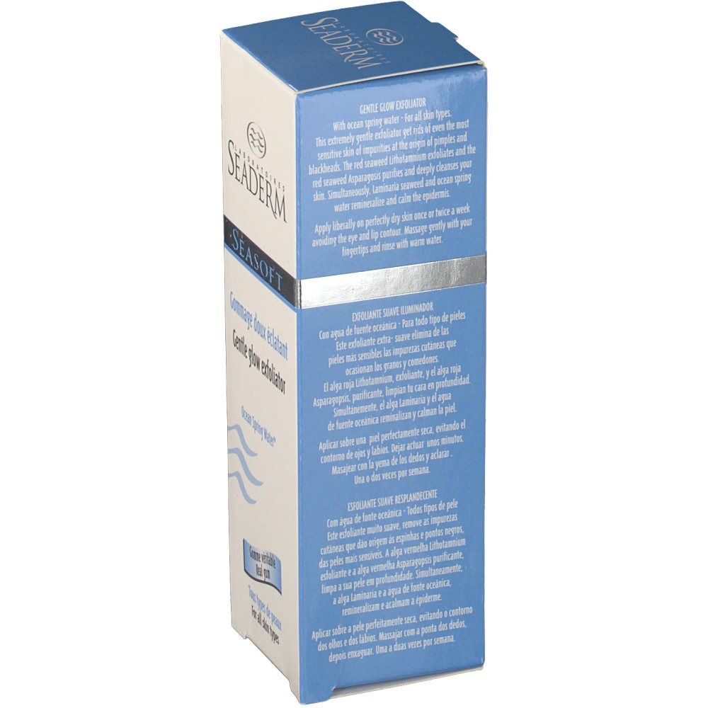 Vue latérale de l'emballage. Texte en plusieurs langues. Contient des informations sur l'utilisation et les ingrédients. Coloris bleu et blanc.