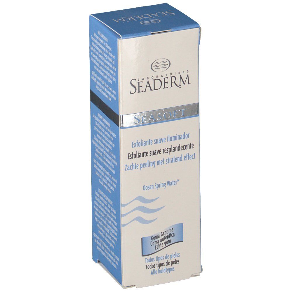 Emballage légèrement incliné. Inscriptions: Seaderm, Seasoft, Exfoliante suave iluminador, Zachte peeling met stralend effect. Graphique de vagues. Pour tous types de peaux.