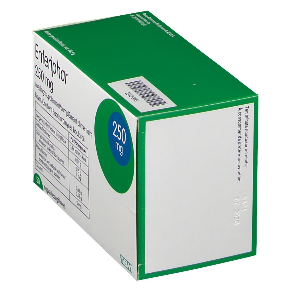 Boîte Enteriphar 250 mg. Vue en angle. Vert et blanc. Logo Teva. Date de péremption.