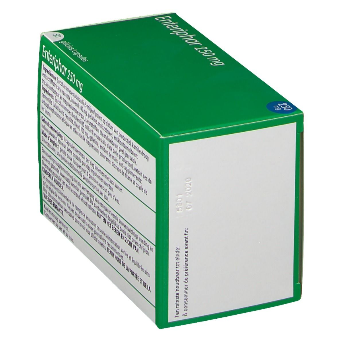 Boîte Enteriphar 250 mg. Vert et blanc. Contient 30 gélules. Logo Teva. Date de péremption.