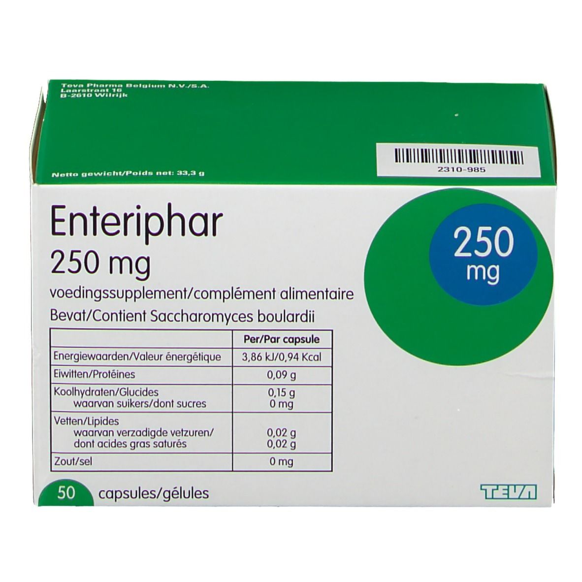 Boîte Enteriphar 250 mg. Vert et blanc. Contient 50 gélules. Logo Teva. Tableau nutritionnel.