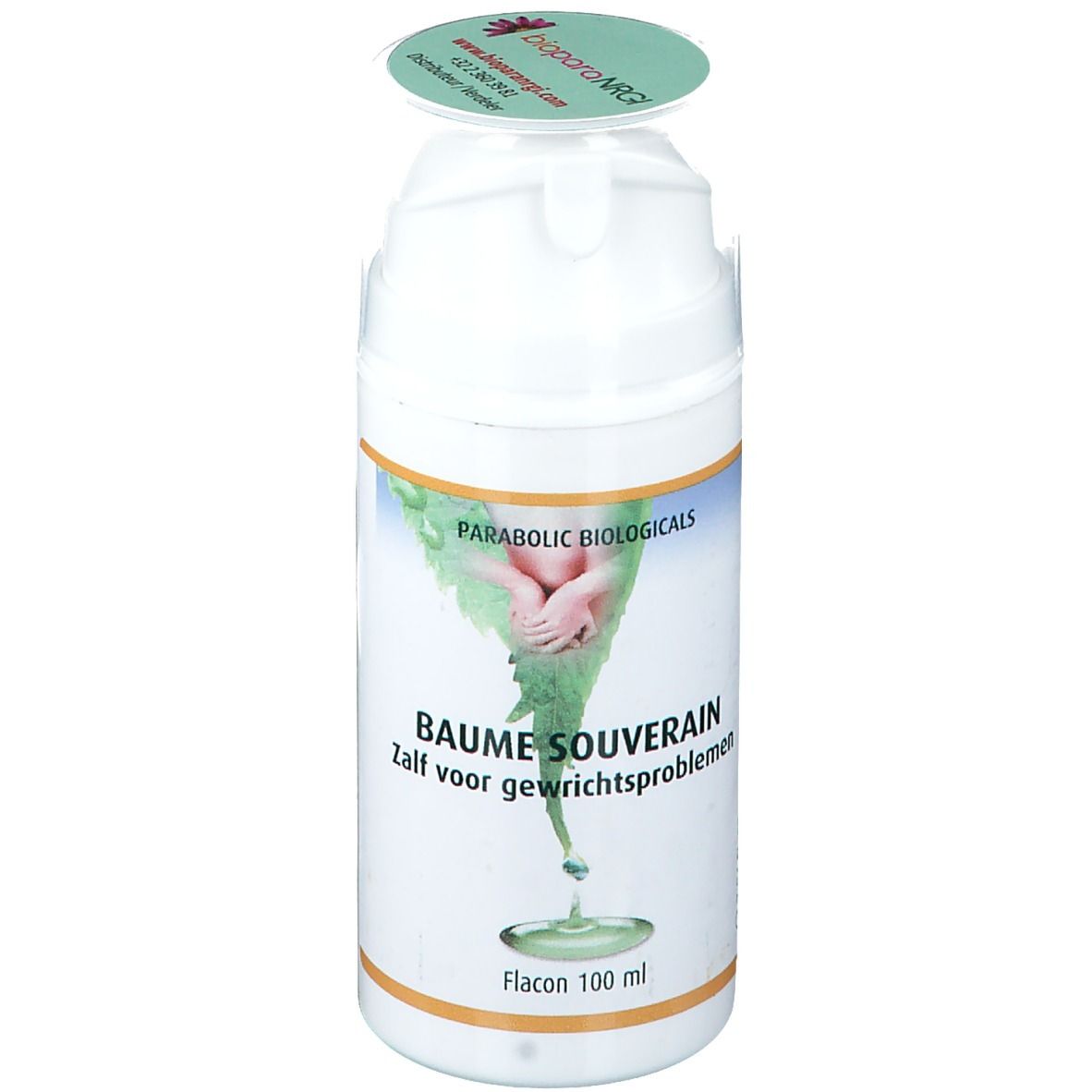 Flacon blanc avec étiquette verte. Inscription: Parabolic Biologicals, Baume Souverain. Couvercle avec logo.
