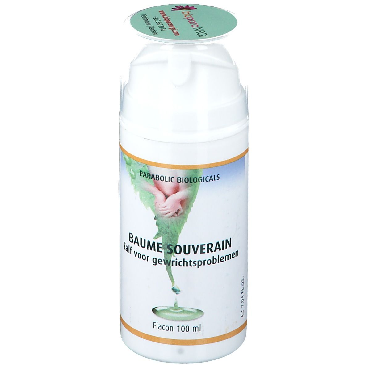 Flacon blanc avec étiquette verte. Inscription: Parabolic Biologicals, Baume Souverain. Couvercle avec logo.