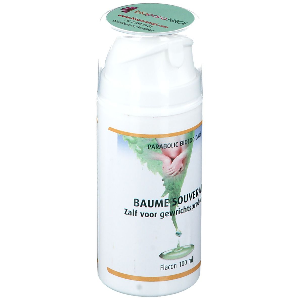 Flacon blanc avec étiquette verte. Inscription: Parabolic Biologicals, Baume Souverain. Couvercle avec logo.